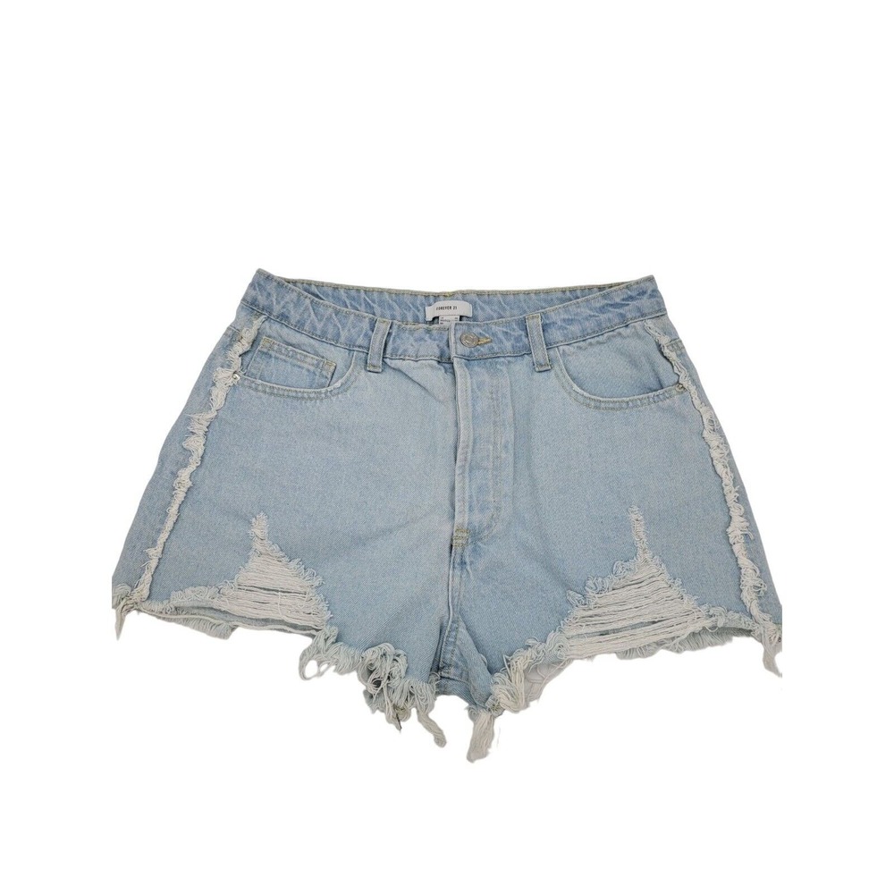 Forever‎ 21 Button Fly Shorts 29 Womens High Rise Raw Hem Distressed Light Wash